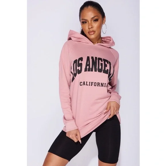 Pink Los Angeles Print Long Sleeve Oversized Hoodie Hooded Sweatshirt Top - Picture 5 of 8
